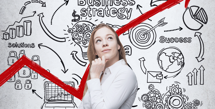 "Confident businesswoman with upward growth arrow and startup bookkeeping concepts in the background."